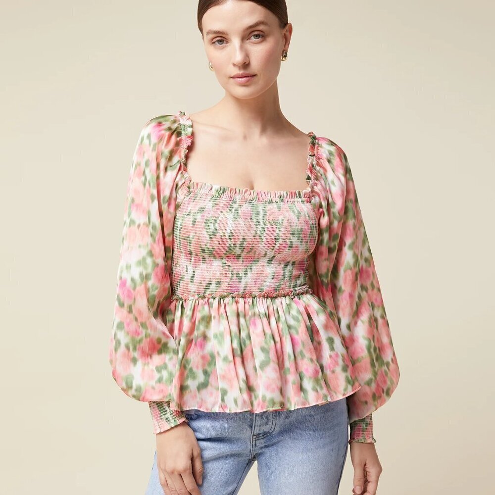 Rachel Parcell Smocked Floral Print Blouse in Shell Pink